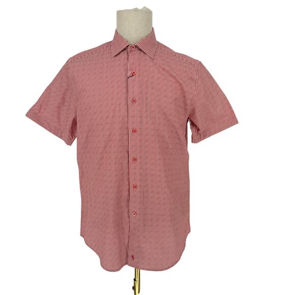 Robert Graham Woven Button Front Short Sleeve Shirt Indos Red-Orange Stripe M - Picture 9 of 9